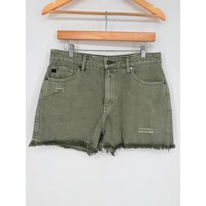 KanCan Los Angeles Womens High Rise Distressed Denim Shorts Olive Green Size 31